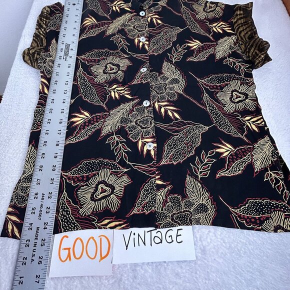 Vintage Womens Black & Gold Floral Short Sleeve Button-Up Shirt  Mandarin Collar - Picture 5 of 5